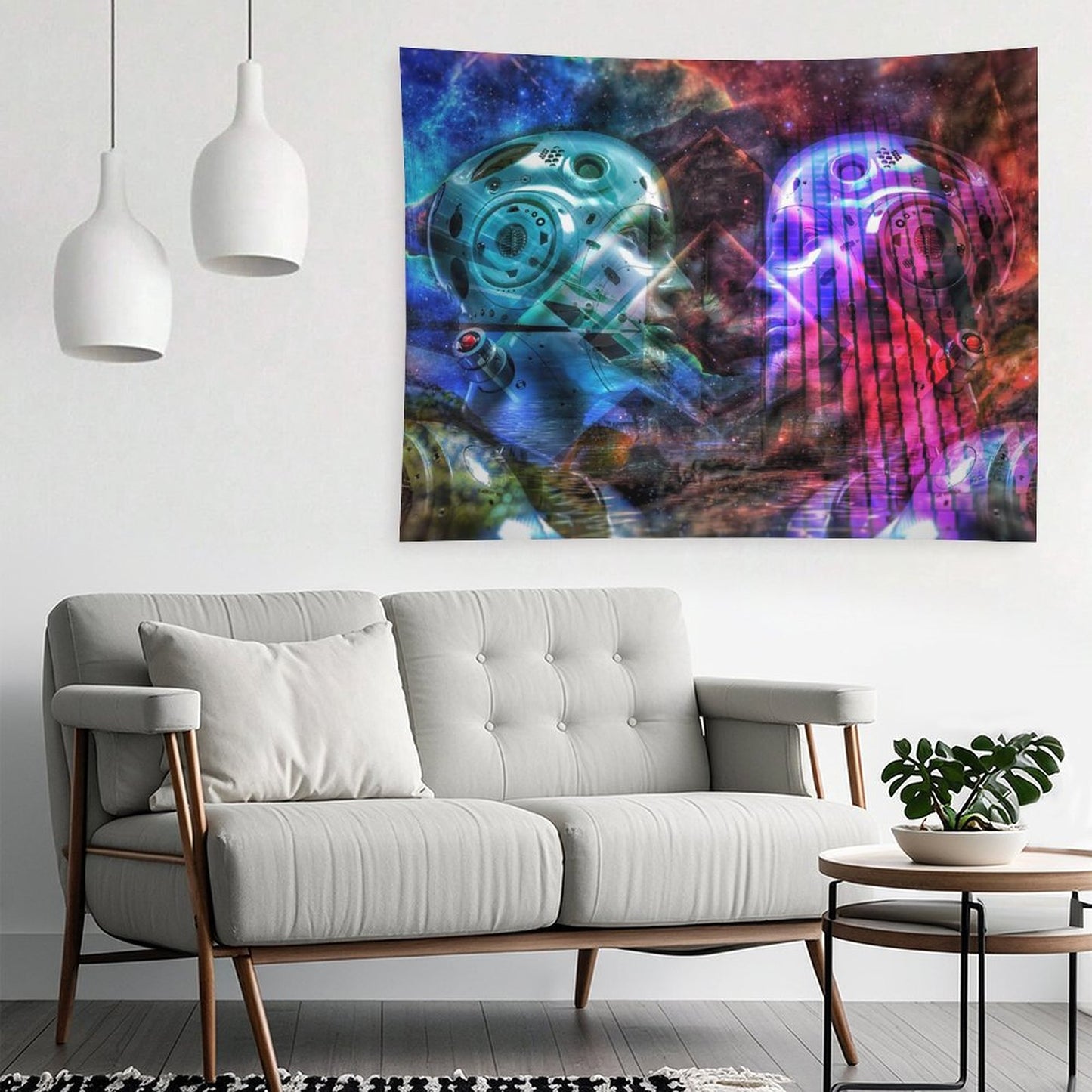 Two Minds psychedelic tapestry, two chrome faces turned toward each other in teal and magenta against a nebula