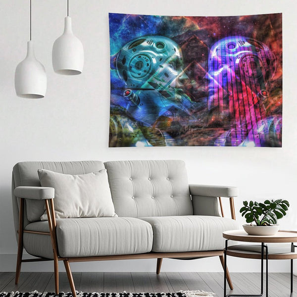 Two Minds psychedelic tapestry, two chrome faces turned toward each other in teal and magenta against a nebula