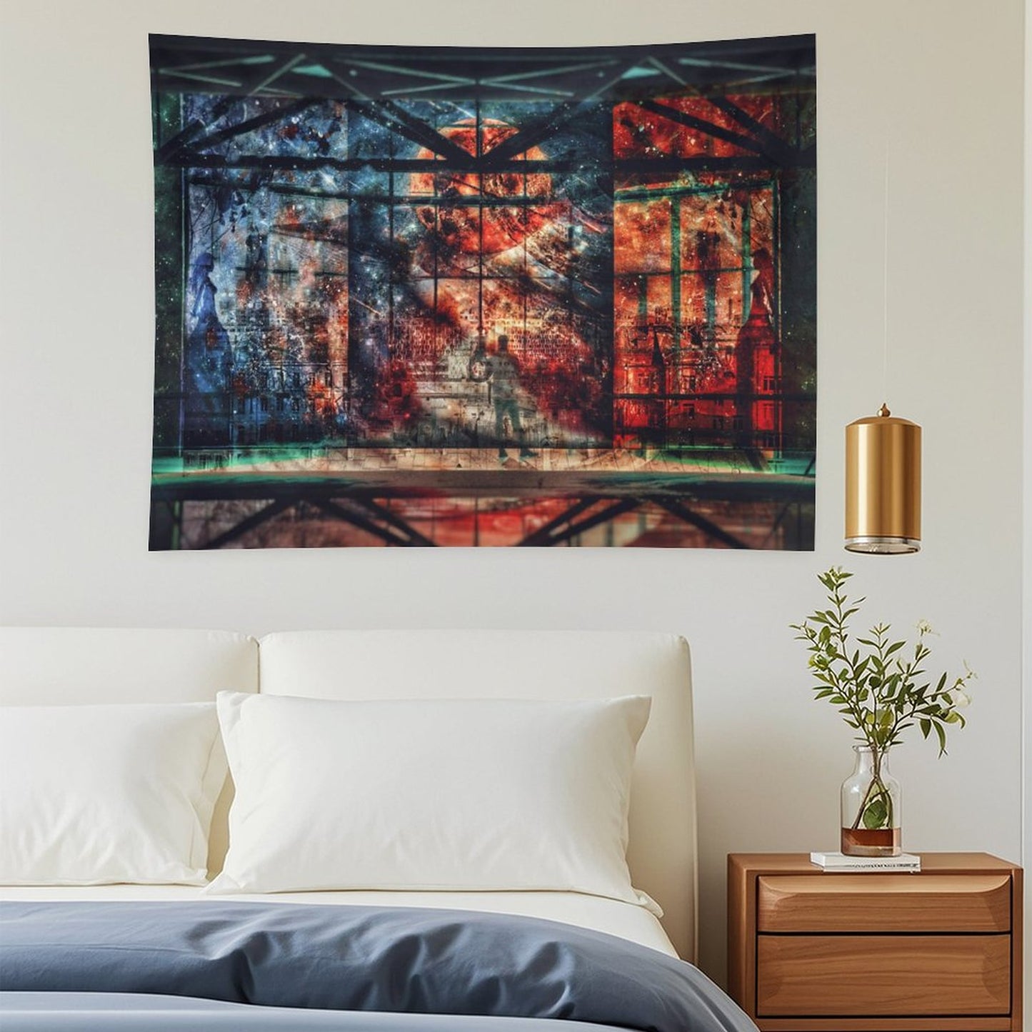Our Shared Spaces psychedelic tapestry, a steel framed hall opening onto a red and blue starfield with one figure on the floor