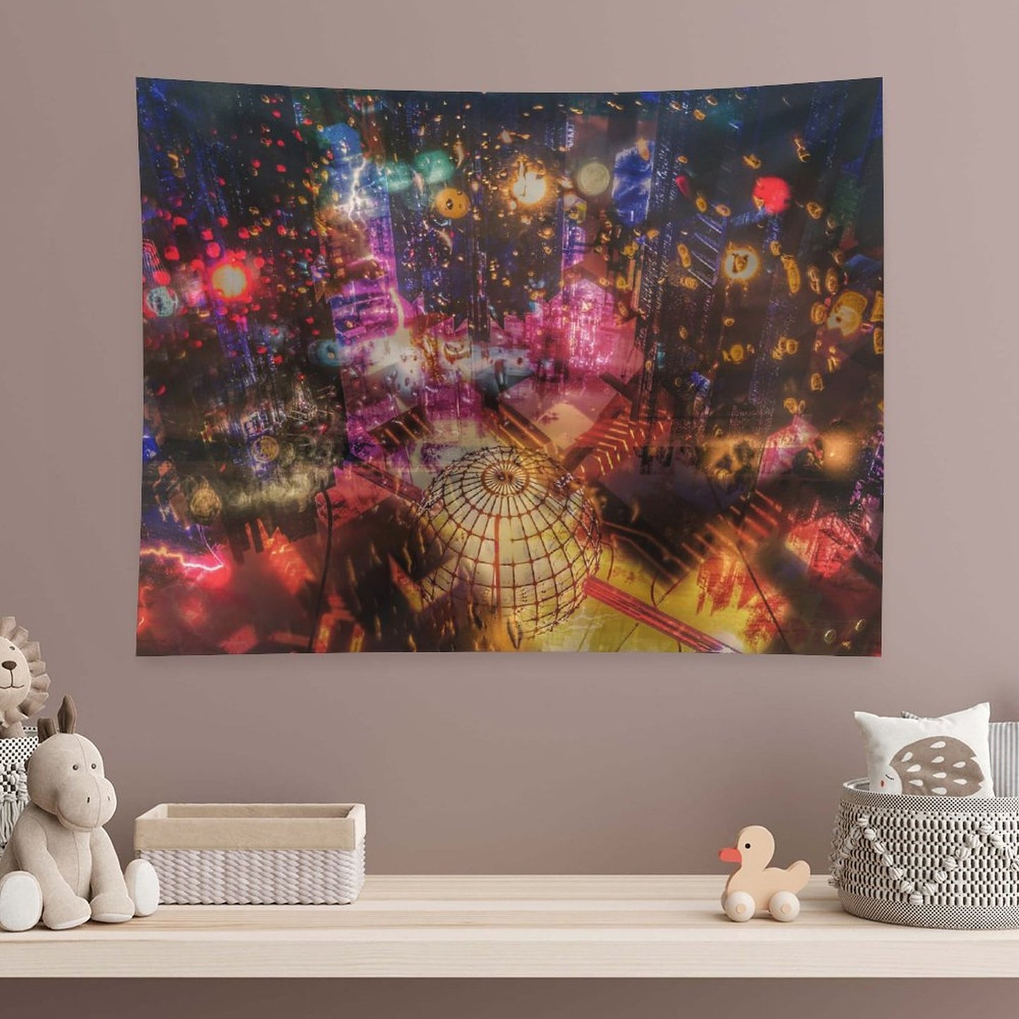 The Orrery psychedelic tapestry, a night city from above in warm bokeh with a brass armillary sphere across the foreground
