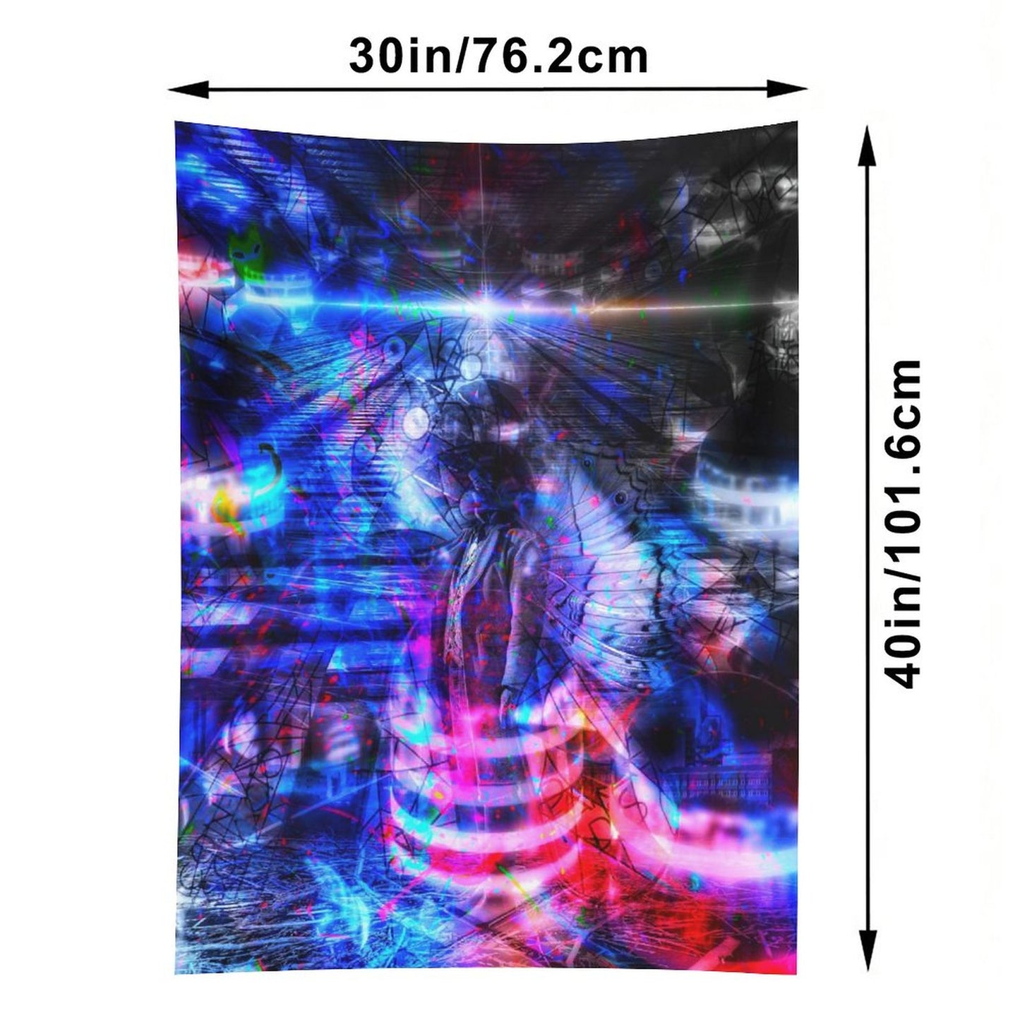 Butterfly Futures psychedelic tapestry, a radiant figure in blue and magenta with light bursting outward in bands