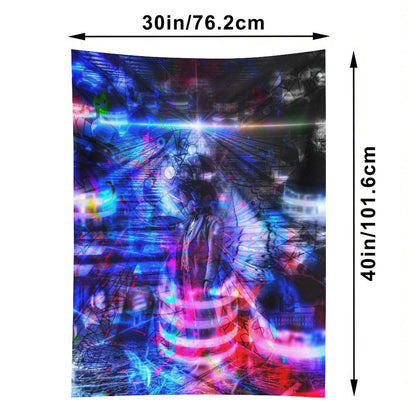 Butterfly Futures psychedelic tapestry, a radiant figure in blue and magenta with light bursting outward in bands