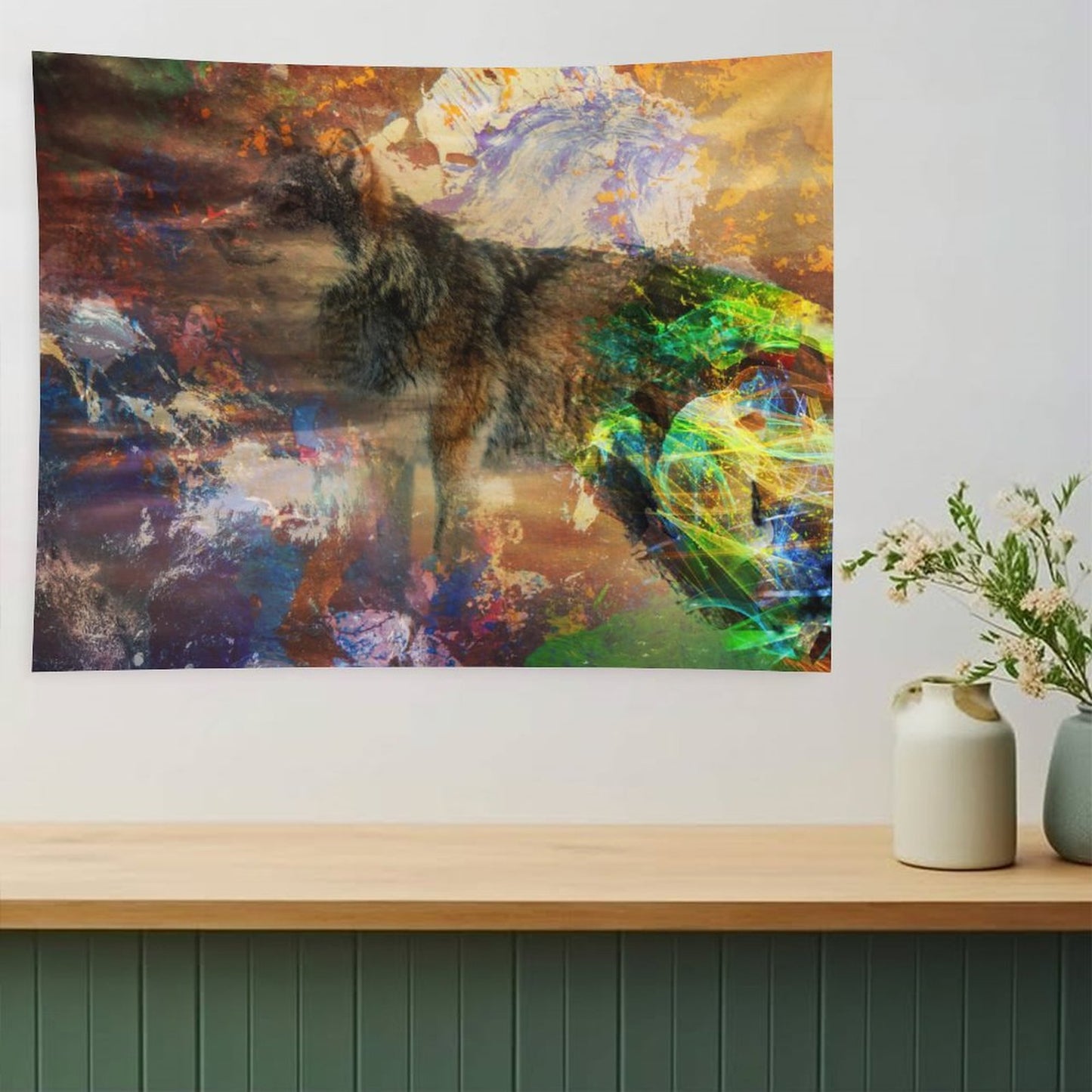 Energy Wolf psychedelic tapestry, a wolf standing in earth tones with a burst of spectrum breaking across its side