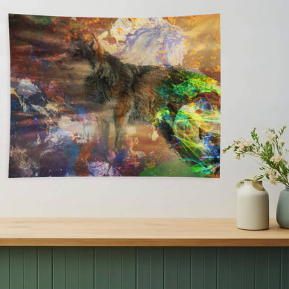 Energy Wolf psychedelic tapestry, a wolf standing in earth tones with a burst of spectrum breaking across its side