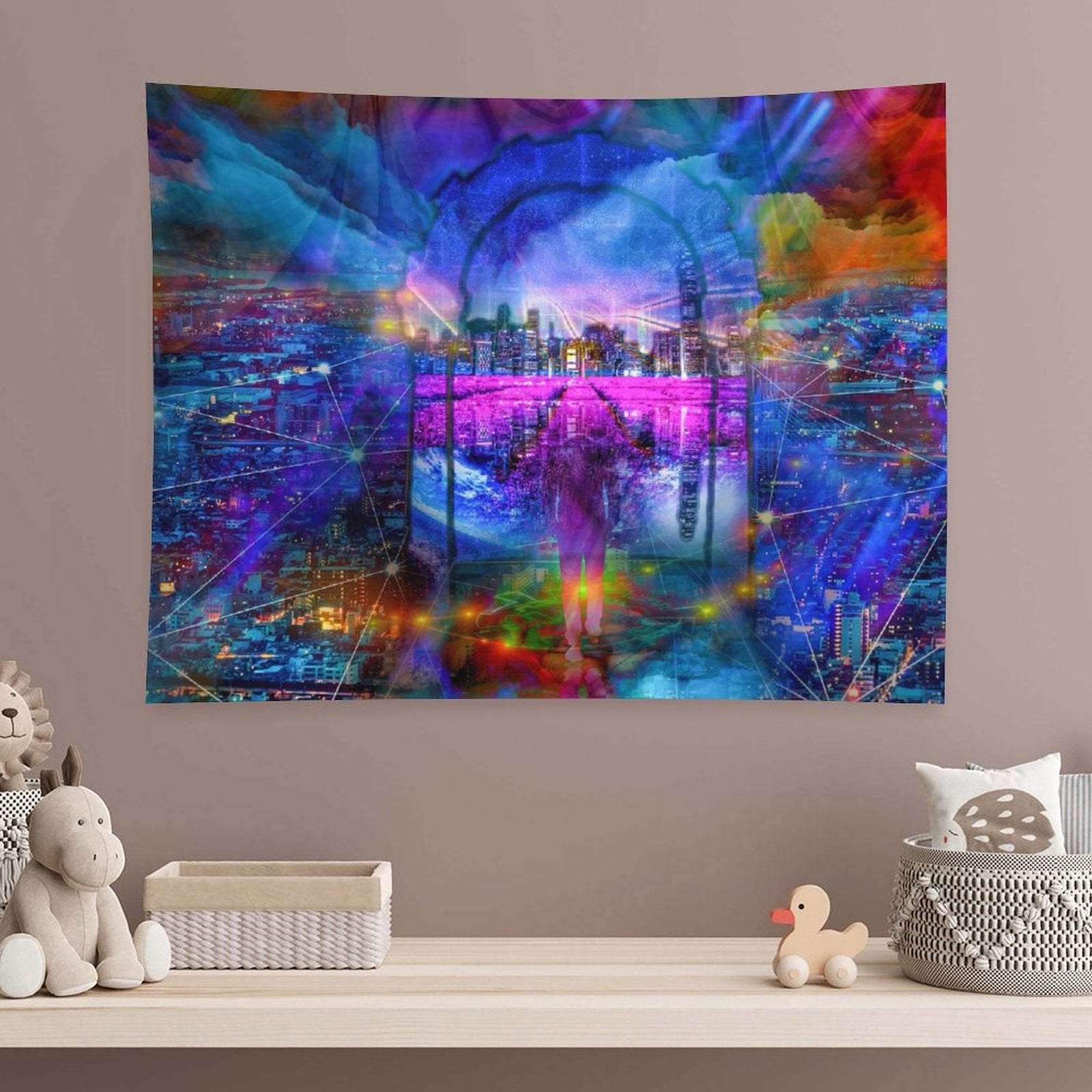 City of Threads psychedelic tapestry, a figure in a stone arch above a night city with constellation lines linking the lights