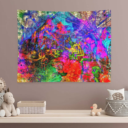 Riot Valley psychedelic tapestry, full spectrum color over a suggested mountain valley with drips and saturated overspray