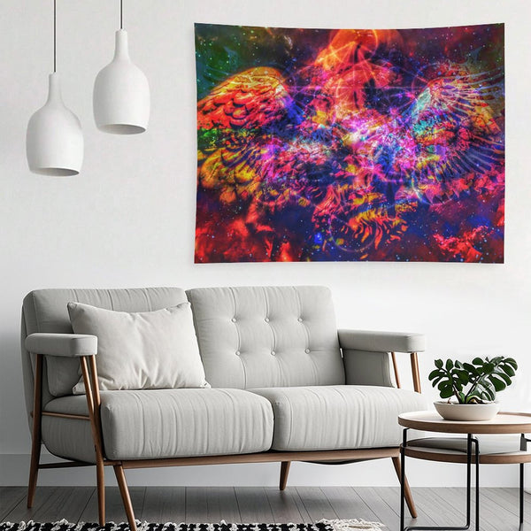 Ashwing psychedelic tapestry, a winged figure of fire and coral with wings spread against a deep starfield