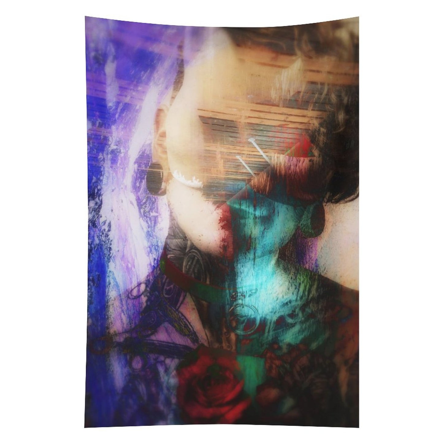 Quiet Weather psychedelic tapestry, a portrait with closed eyes double exposed with a rose in teal and crimson washes