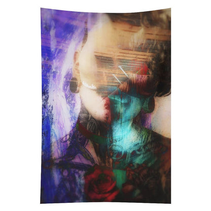 Quiet Weather psychedelic tapestry, a portrait with closed eyes double exposed with a rose in teal and crimson washes