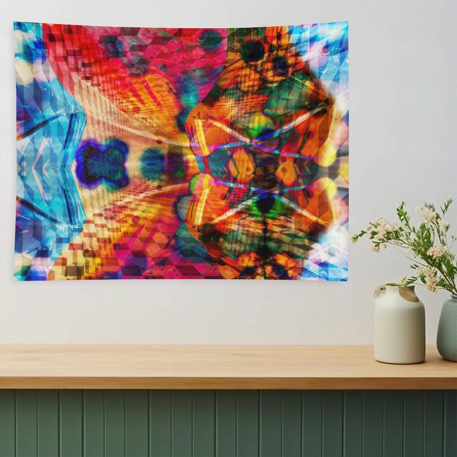 Split Wing psychedelic tapestry, kaleidoscopic symmetry split down the middle with hot orange against cold blue
