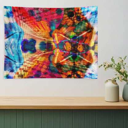 Split Wing psychedelic tapestry, kaleidoscopic symmetry split down the middle with hot orange against cold blue