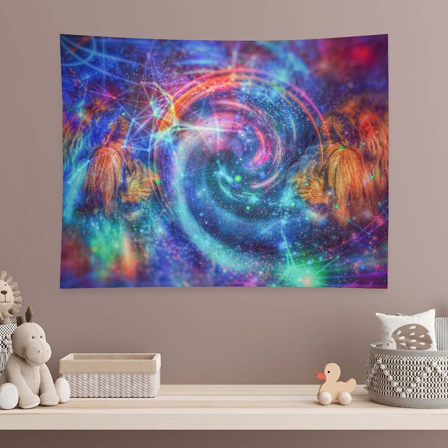 Twin Wardens psychedelic tapestry, a spiral galaxy vortex flanked by two golden maned guardians facing inward