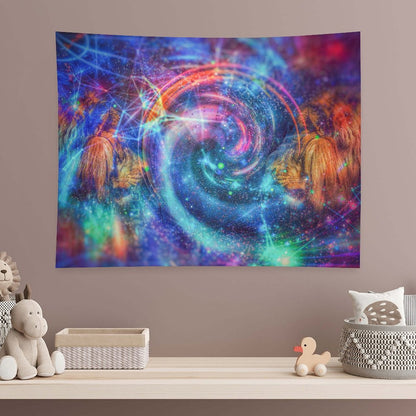 Twin Wardens psychedelic tapestry, a spiral galaxy vortex flanked by two golden maned guardians facing inward