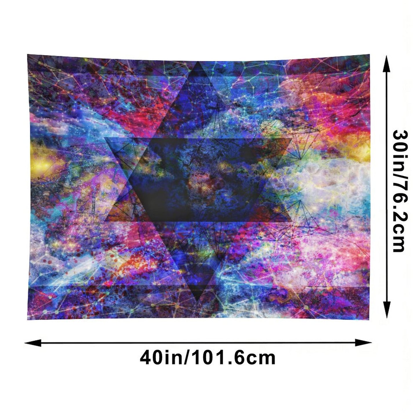 As Above psychedelic tapestry, interlocked hexagram geometry laid over a magenta and gold nebula