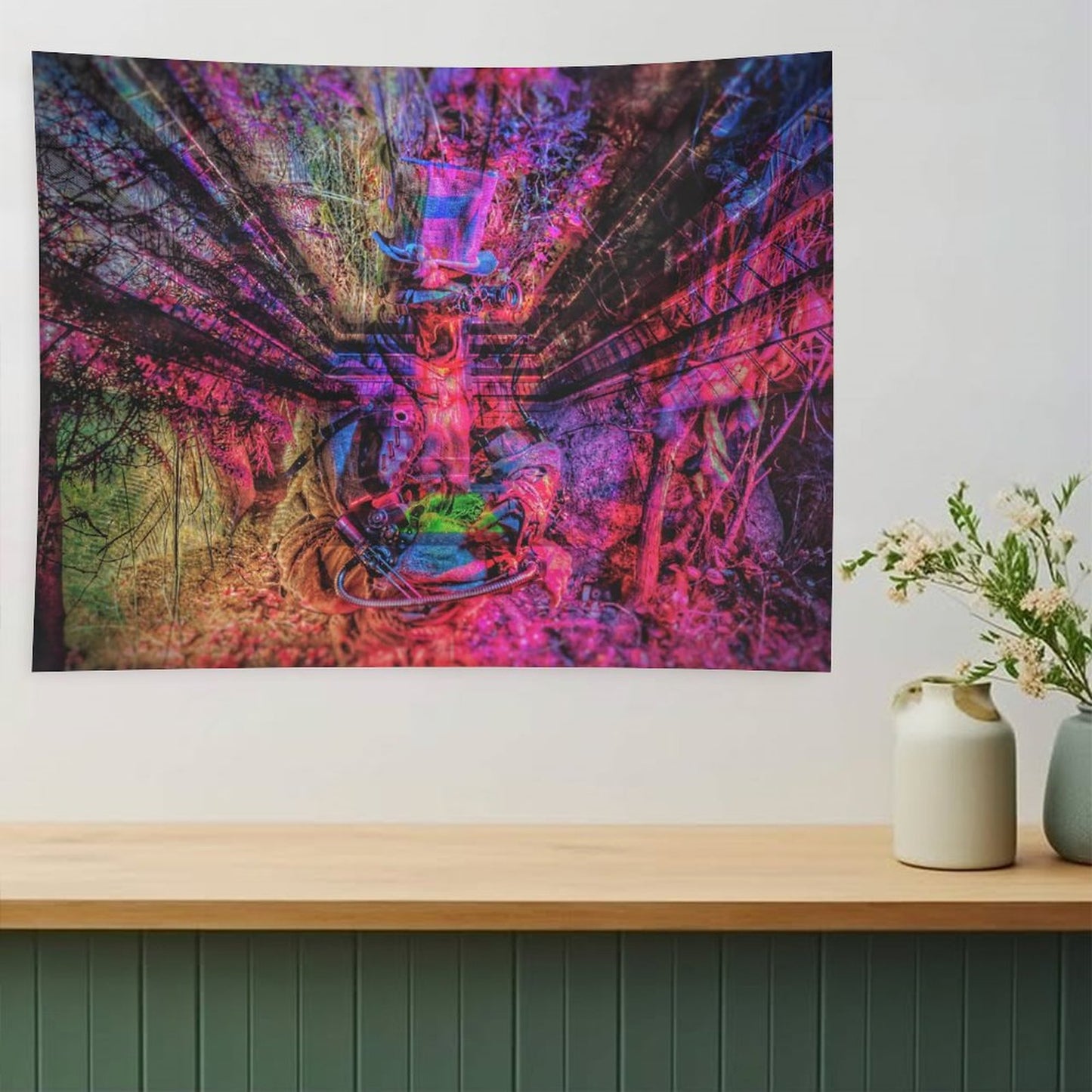 The Reclaiming psychedelic tapestry, abandoned machinery swallowed by a magenta forest with branches radiating outward