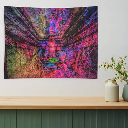 The Reclaiming psychedelic tapestry, abandoned machinery swallowed by a magenta forest with branches radiating outward