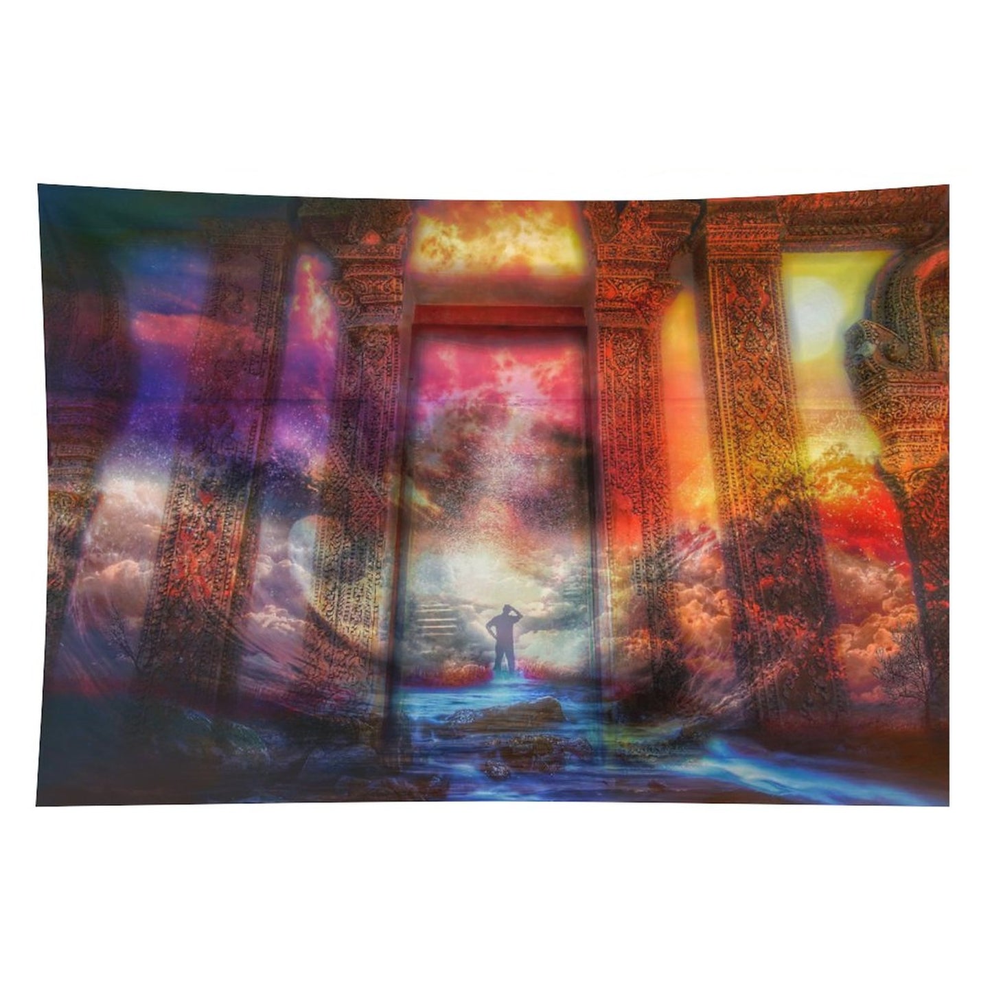 Temple of Return psychedelic tapestry, an ornate gold and crimson temple interior with a figure climbing steps toward the light