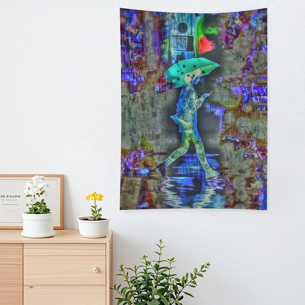 Rainy Days psychedelic tapestry, a figure with a teal umbrella crossing a flooded street over a collaged newsprint ground
