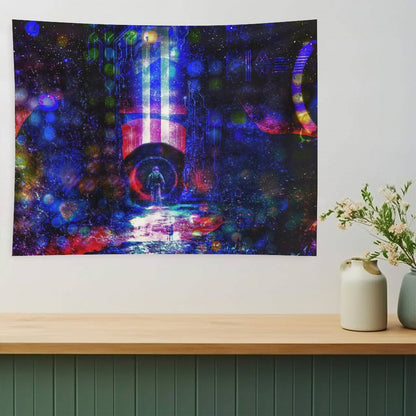 Circuit Vigil psychedelic tapestry, a lone figure on a wet neon street before a blue and crimson monolith in a circuit starfield