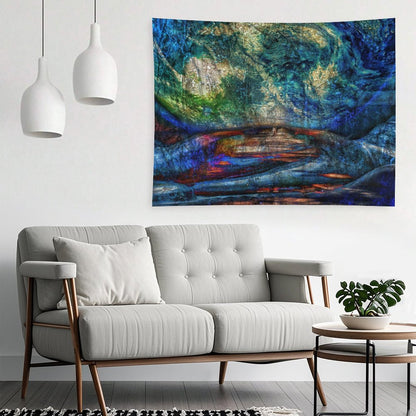Stone Current psychedelic tapestry, layered rock in teal and gold with a river of light running through the strata