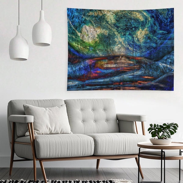 Stone Current psychedelic tapestry, layered rock in teal and gold with a river of light running through the strata