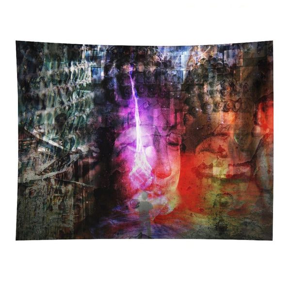 The Patient Fire psychedelic tapestry, layered stone faces with a magenta flame rising through the center