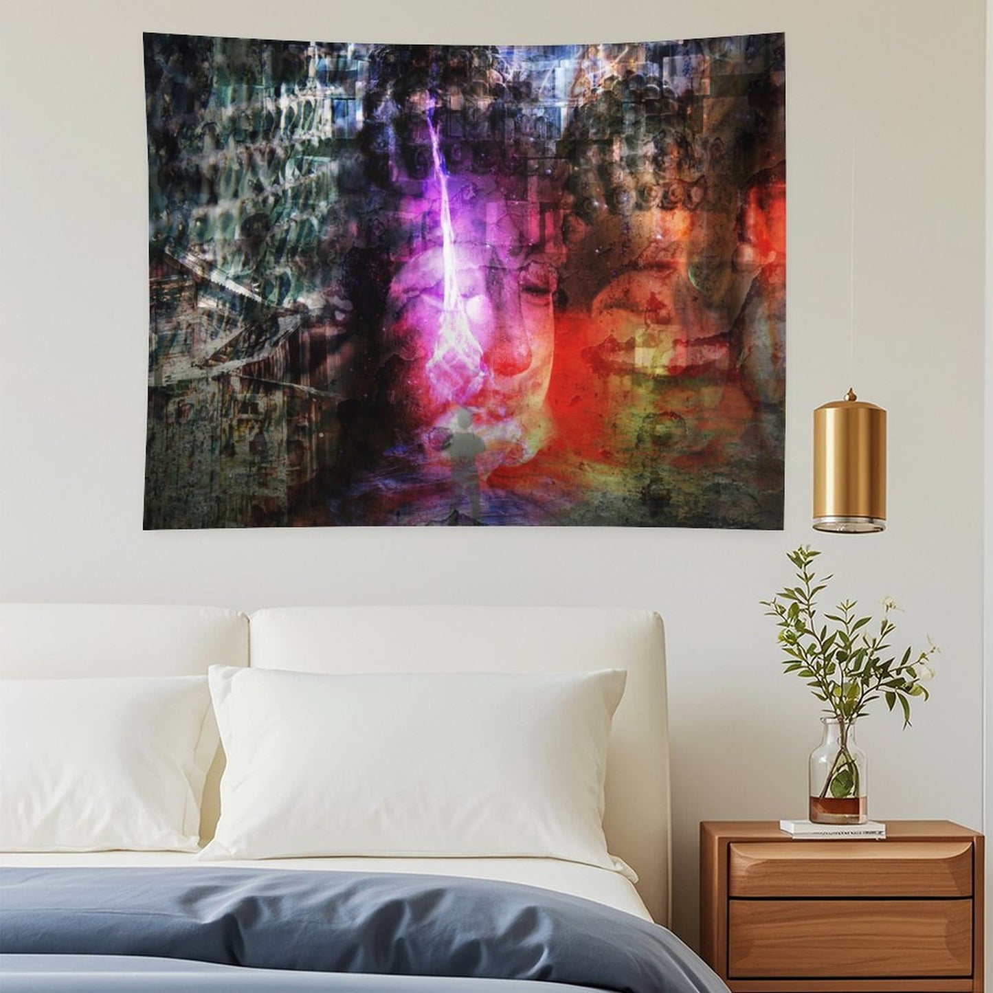 The Patient Fire psychedelic tapestry, layered stone faces with a magenta flame rising through the center