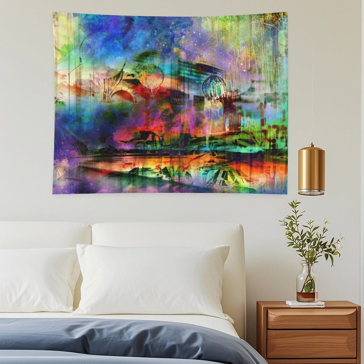 The Slow Crossing psychedelic tapestry, a pastel dreamscape with airships and balloons drifting above still water