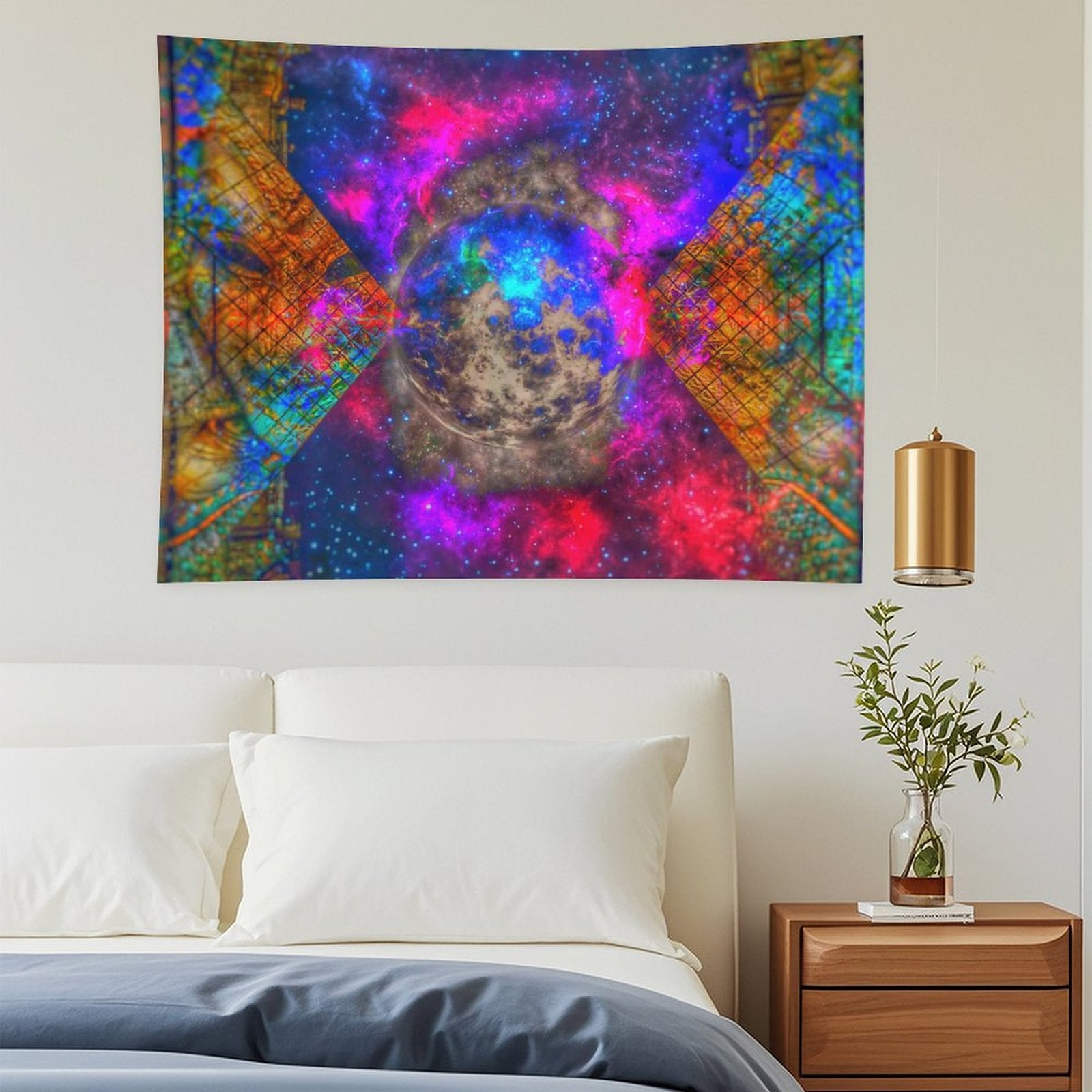 Held World psychedelic tapestry, a pocked moon in a starfield held inside an X of golden circuit lattice