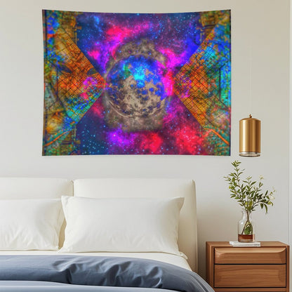 Held World psychedelic tapestry, a pocked moon in a starfield held inside an X of golden circuit lattice