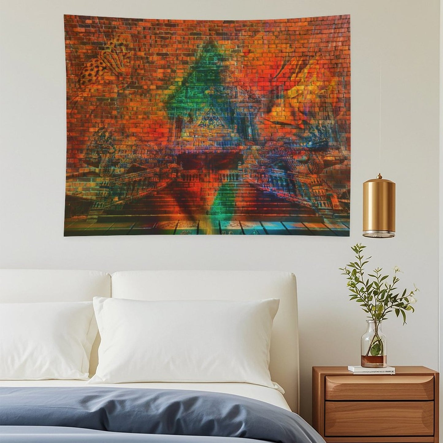 The Kiln psychedelic tapestry, a glowing triangular temple form set into a brick wall above a reflective floor