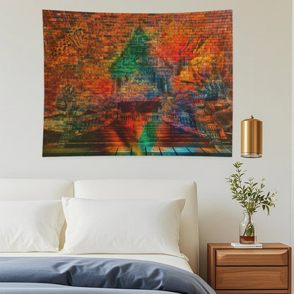 The Kiln psychedelic tapestry, a glowing triangular temple form set into a brick wall above a reflective floor