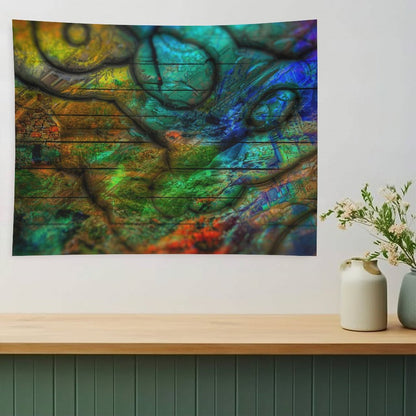 Strata Bloom psychedelic tapestry, cellular and geological strata in teal, ochre and green mapped like a cross section