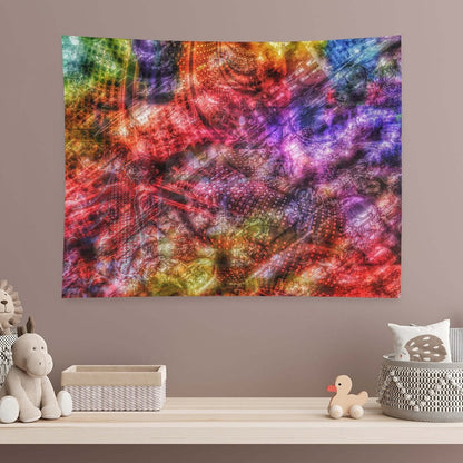 Scarlet Weave psychedelic tapestry, dense layered crimson and violet with scale and textile textures folded together