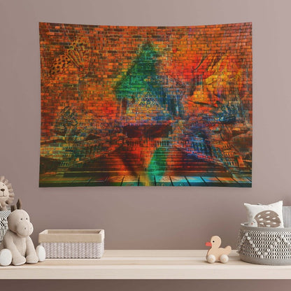 The Kiln psychedelic tapestry, a glowing triangular temple form set into a brick wall above a reflective floor