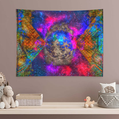 Held World psychedelic tapestry, a pocked moon in a starfield held inside an X of golden circuit lattice