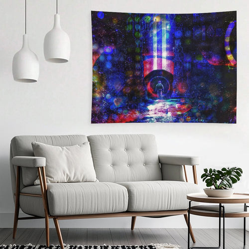 Circuit Vigil psychedelic tapestry, a lone figure on a wet neon street before a blue and crimson monolith in a circuit starfield