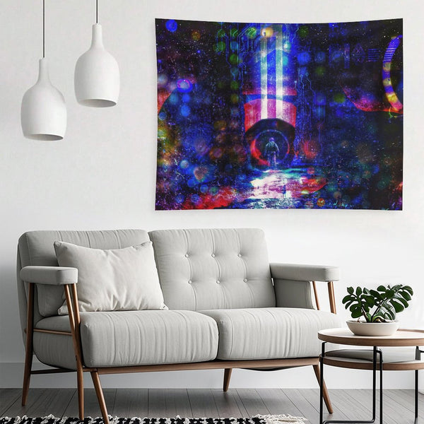 Circuit Vigil psychedelic tapestry, a lone figure on a wet neon street before a blue and crimson monolith in a circuit starfield
