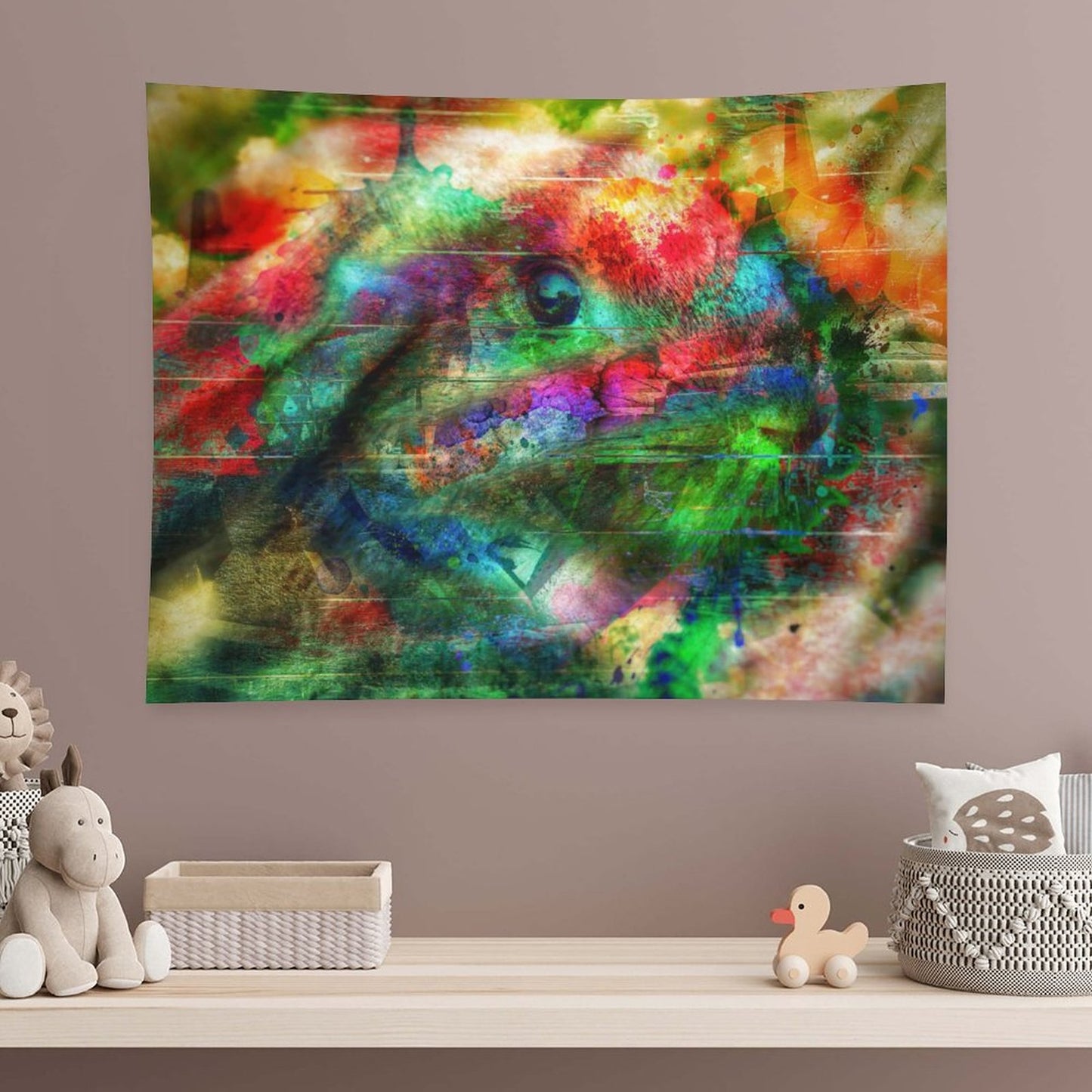 The Watcher psychedelic tapestry, a riotous color field with a single large eye and an animal head surfacing through it