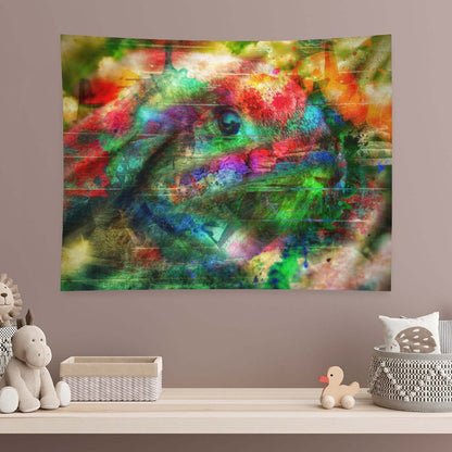 The Watcher psychedelic tapestry, a riotous color field with a single large eye and an animal head surfacing through it