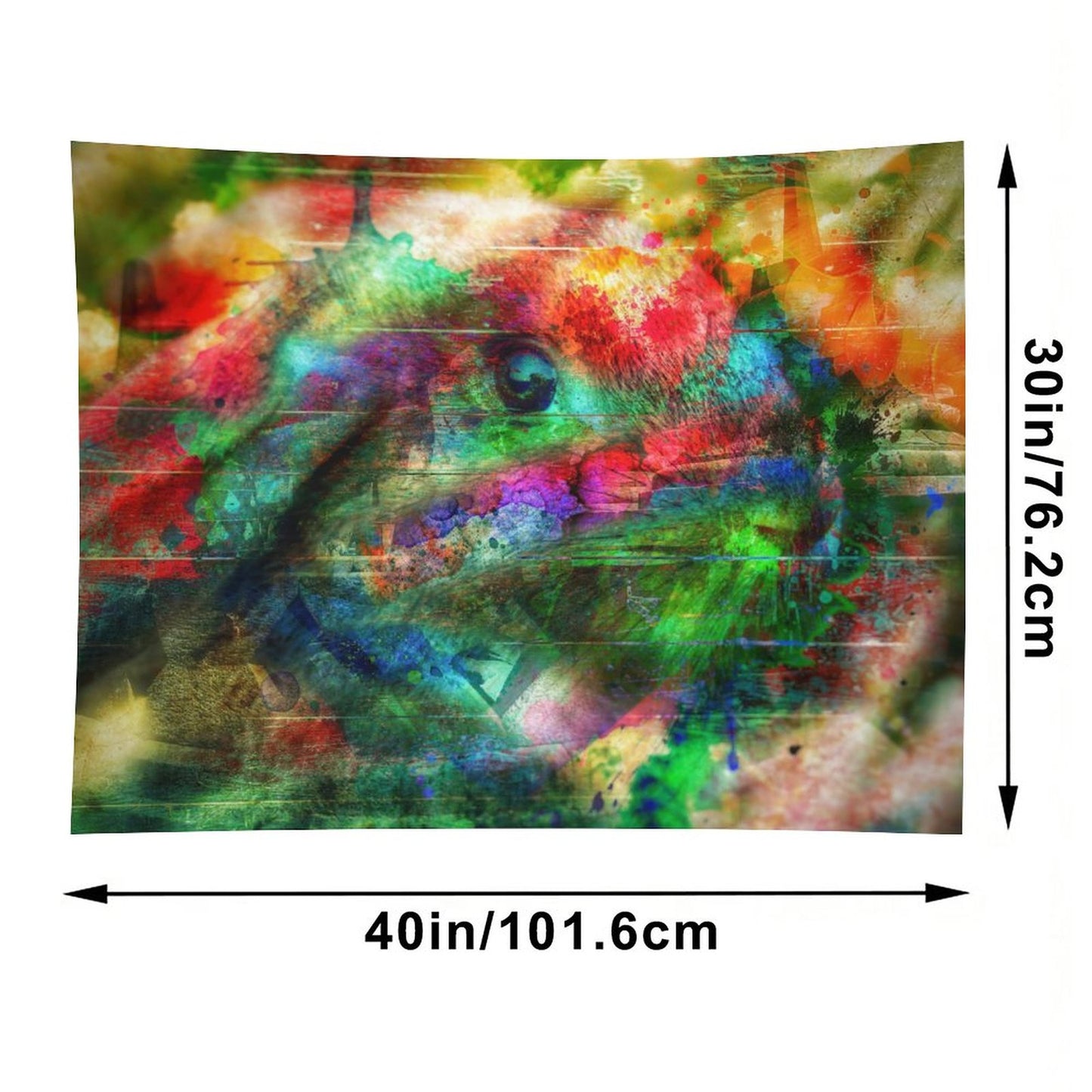 The Watcher psychedelic tapestry, a riotous color field with a single large eye and an animal head surfacing through it