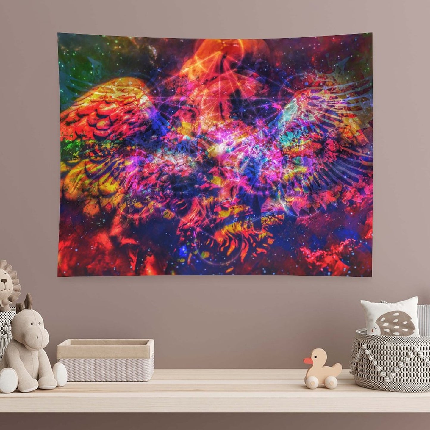 Ashwing psychedelic tapestry, a winged figure of fire and coral with wings spread against a deep starfield