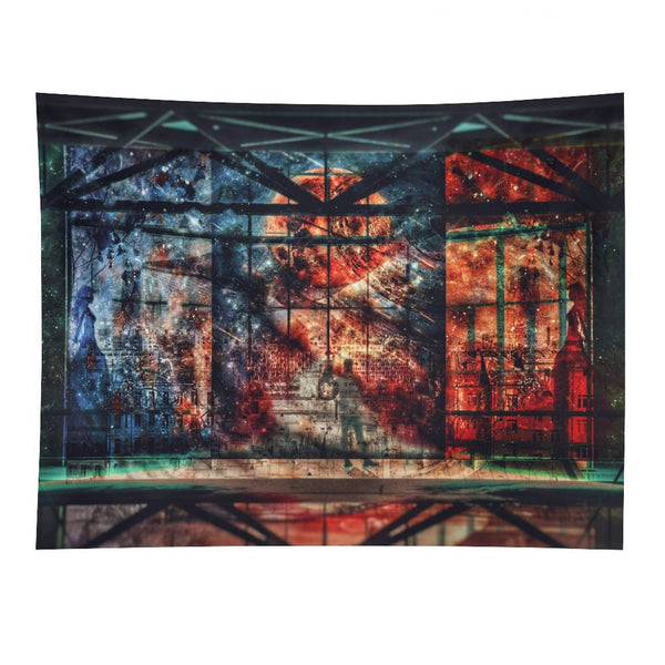 Our Shared Spaces psychedelic tapestry, a steel framed hall opening onto a red and blue starfield with one figure on the floor