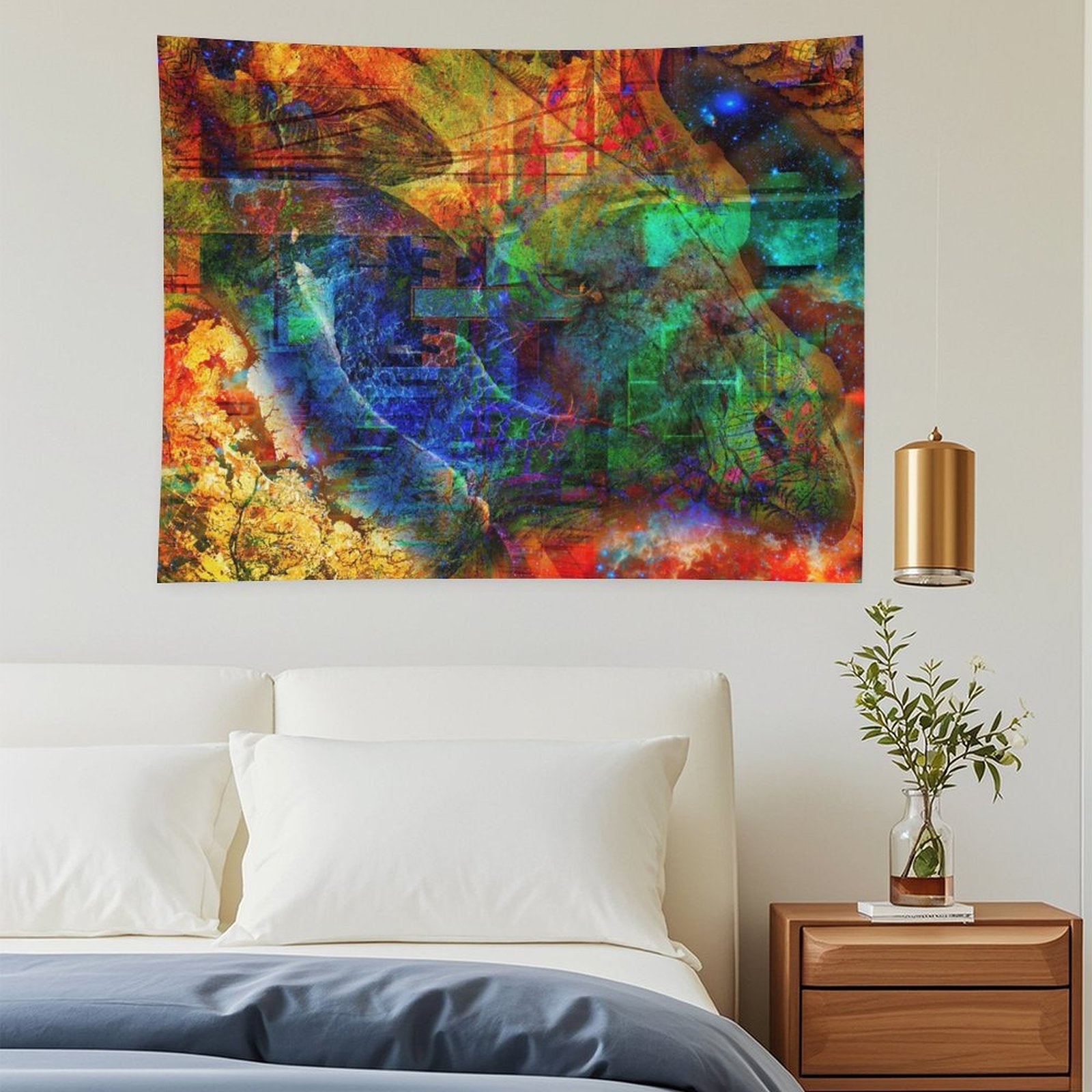 Of The Soul psychedelic tapestry, an ochre and cobalt field broken by green blocks and a scatter of deep space