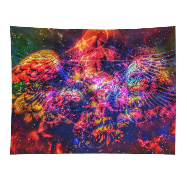 Ashwing psychedelic tapestry, a winged figure of fire and coral with wings spread against a deep starfield