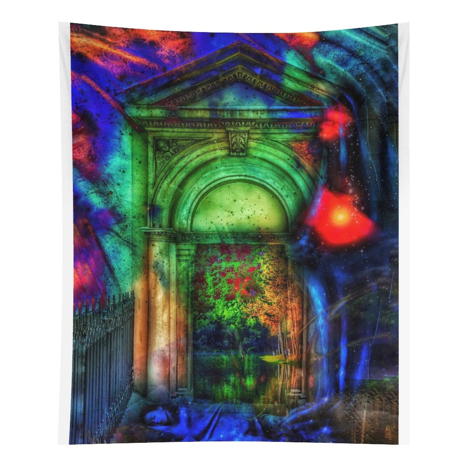 Threshold of Moss psychedelic tapestry, a stone archway lit green from within with overgrowth spilling through the opening
