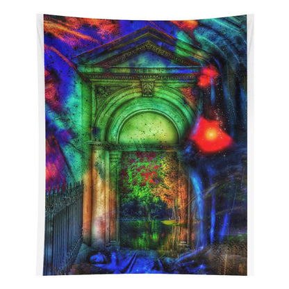 Threshold of Moss psychedelic tapestry, a stone archway lit green from within with overgrowth spilling through the opening