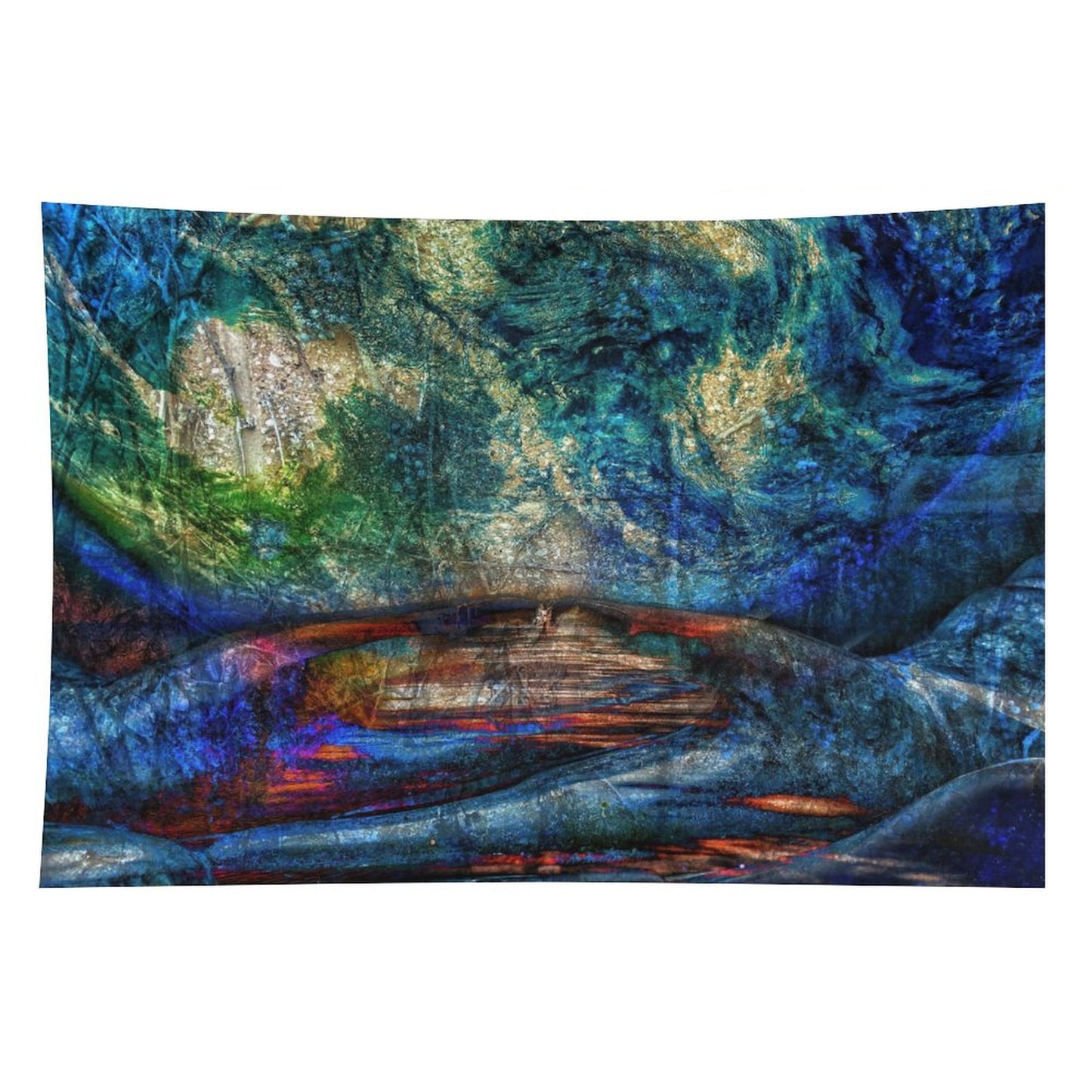 Stone Current psychedelic tapestry, layered rock in teal and gold with a river of light running through the strata