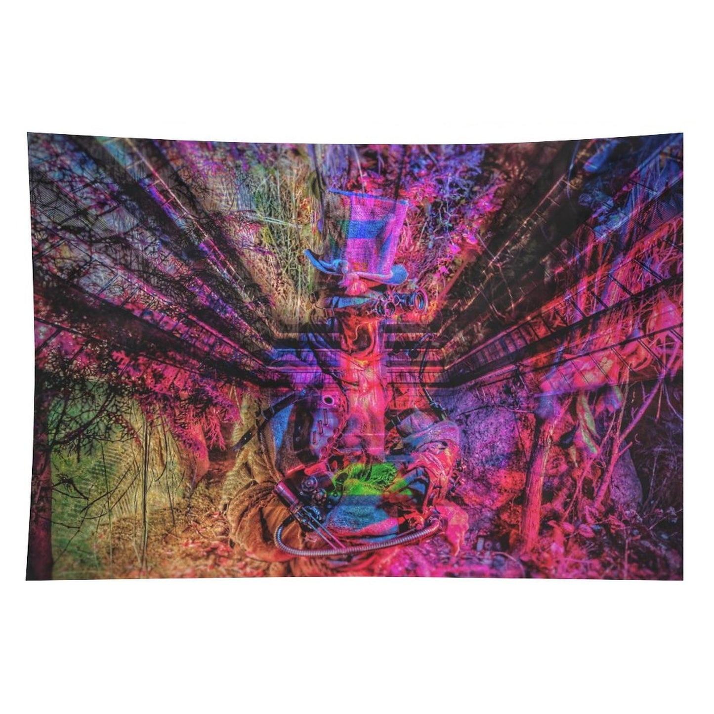 The Reclaiming psychedelic tapestry, abandoned machinery swallowed by a magenta forest with branches radiating outward