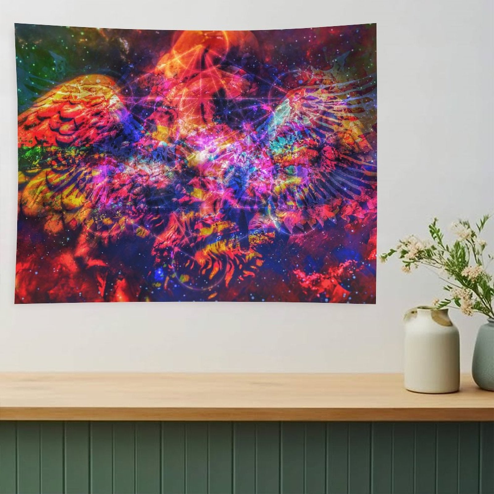 Ashwing psychedelic tapestry, a winged figure of fire and coral with wings spread against a deep starfield